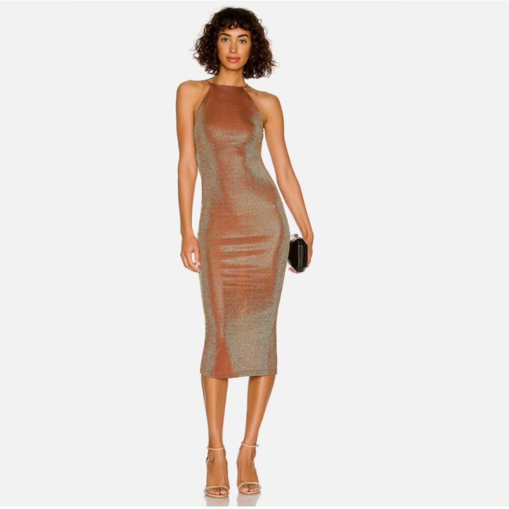 Alix NYC Shiloh Halter Dress Midi Strappy Bodycon Iridescent Copper Small (2-4)